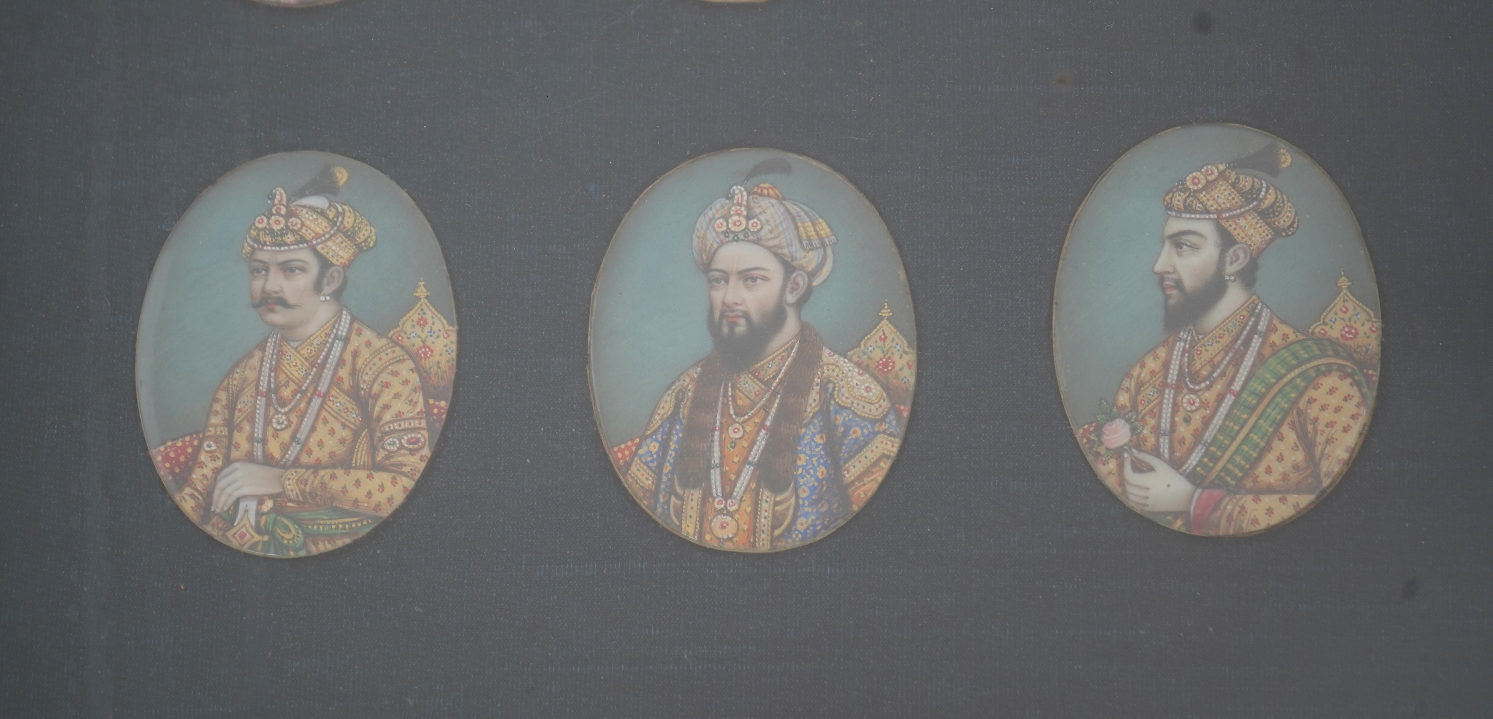 Indian School , (Late 19th century), A set of six portrait miniatures of Mughal rulers, Watercolour on Ivory, Oval, each approximately 6.2cm x 4.8cm